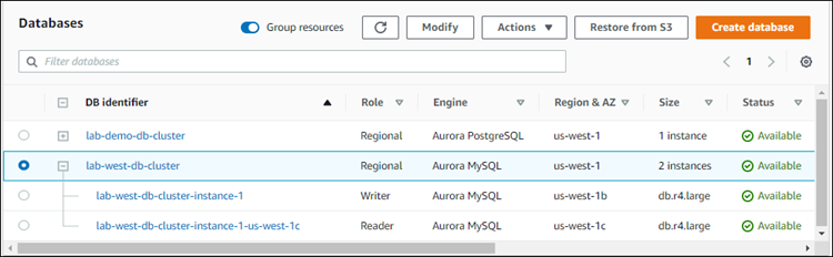 已准备好用于 Aurora Global Database 的 Aurora 数据库集群的数据库屏幕截图。