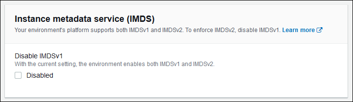 
            Elastic Beanstalk 实例配置窗口中的 IMDS 选项
          