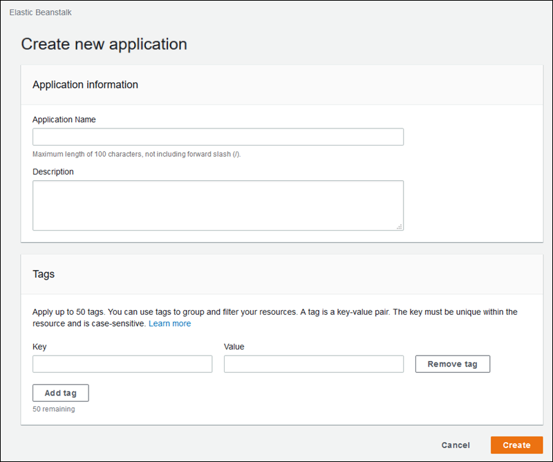 
        在 Elastic Beanstalk 控制台中，“Create new application (创建新应用程序)”对话框显示新应用程序的标签
      