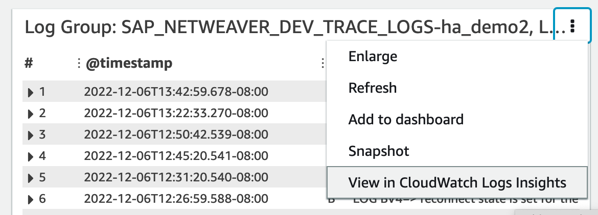 
                        CloudWatch Application Insights details with View in CloudWatch Logs Insights.
                    