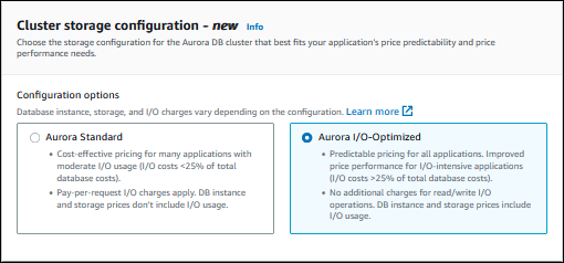 Cluster storage configuration showing Aurora I/O-Optimized.