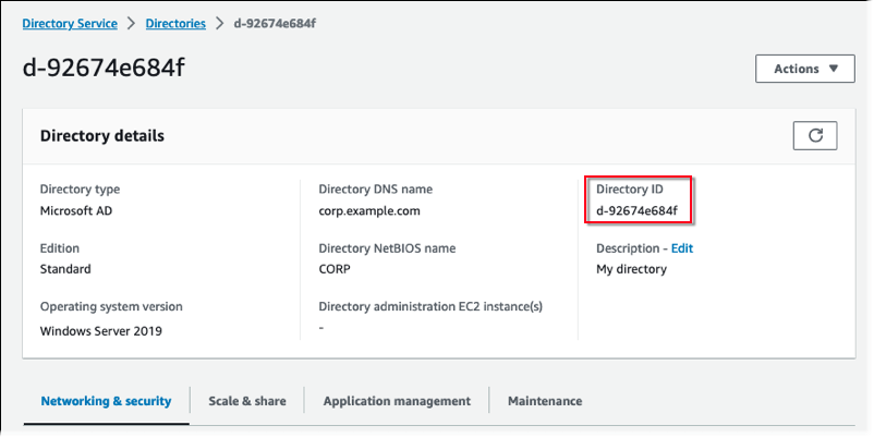 
                Directory details page in the Amazon Directory Service console with Directory ID.
            