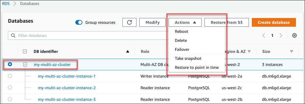 
				Multi-AZ DB cluster actions in the Amazon Web Services Management Console
			