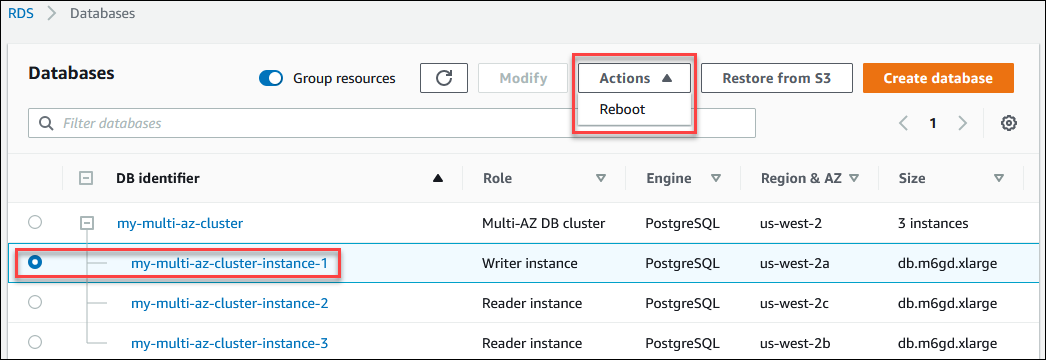 
				DB instance actions in a Multi-AZ DB cluster in the Amazon Web Services Management Console
			