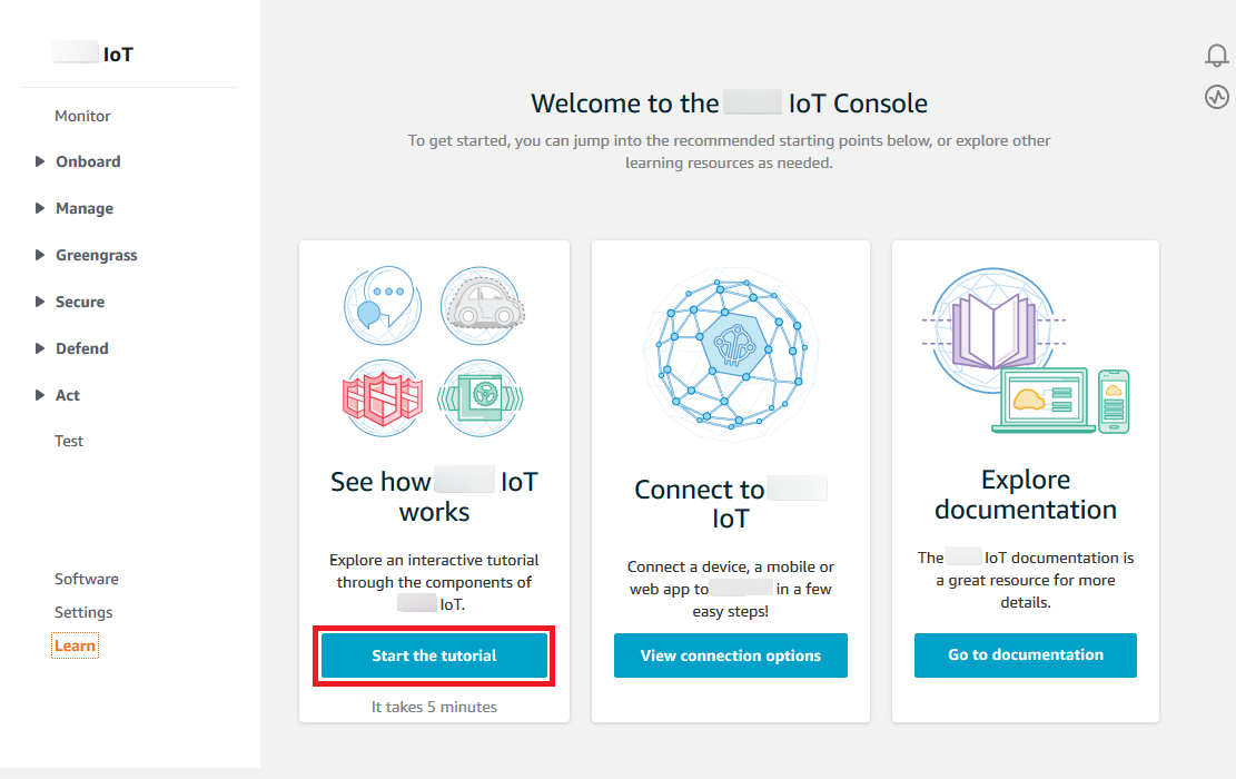 This is the Amazon IoT console home page.