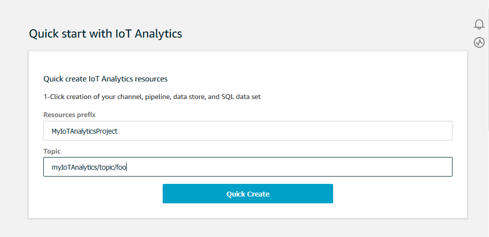 The quick start feature in the Amazon IoT Analytics console.