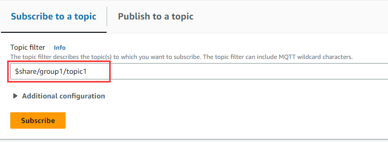 The tab that shows how to specify a topic filter for shared subscriptions.