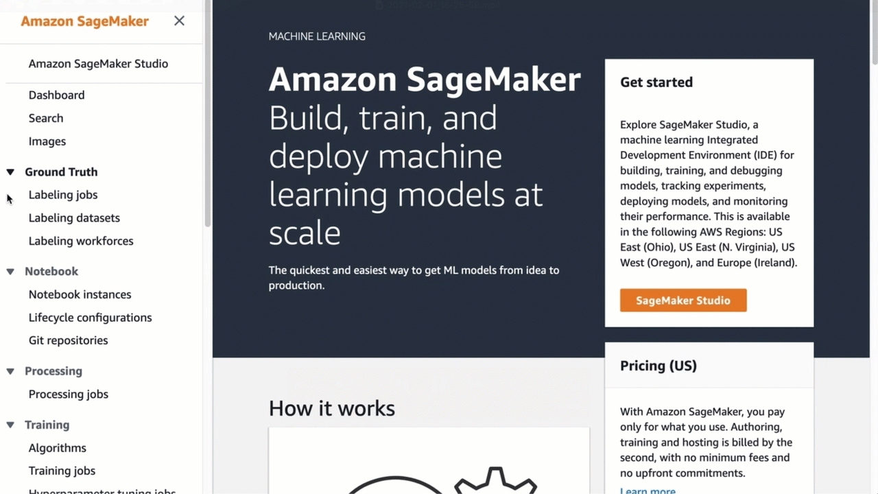 展示如何创建 SageMaker 笔记本实例的动画屏幕截图。