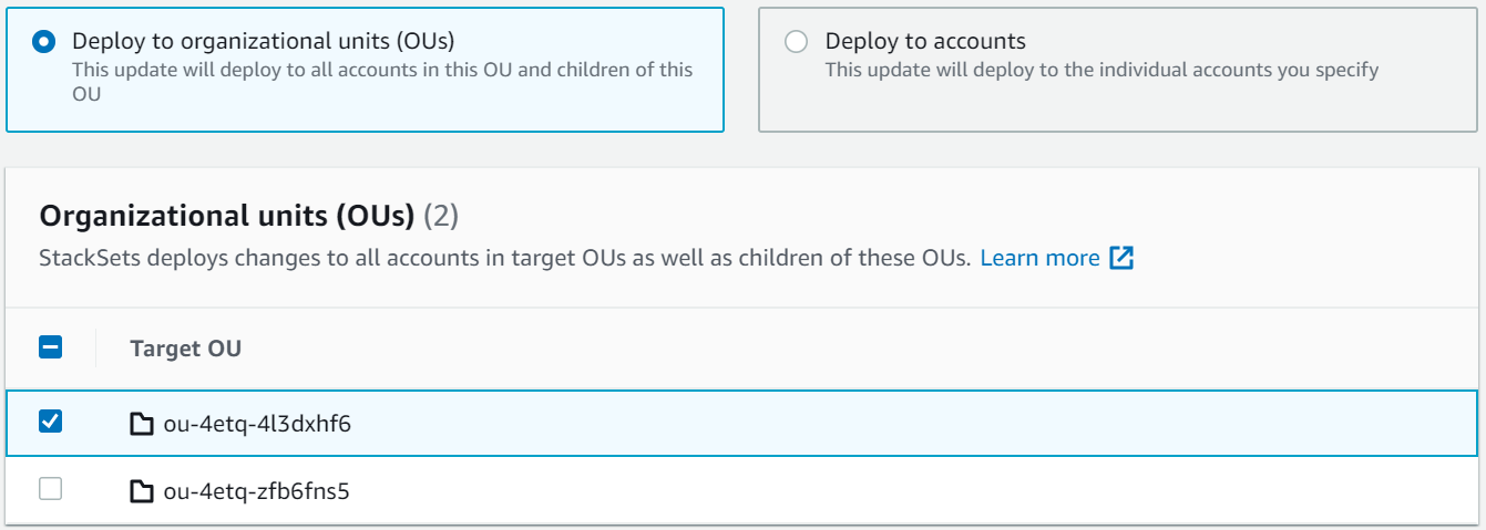 
                                将堆栈集更新部署到组织内所选 OU 中的所有账户。
                            