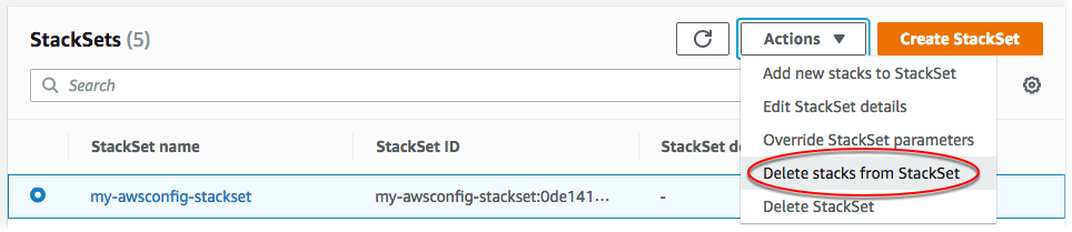 
                        从“Actions (操作)”菜单中选择“Delete stacks from StackSet (从堆栈集中删除堆栈)”。
                    