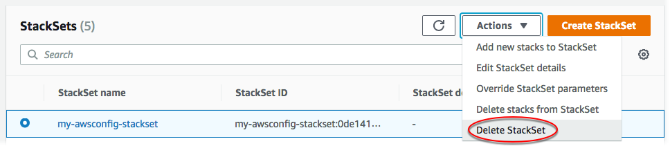 
                            选择堆栈集，然后从“操作”菜单中选择“Delete StackSet (删除堆栈集)”。
                        