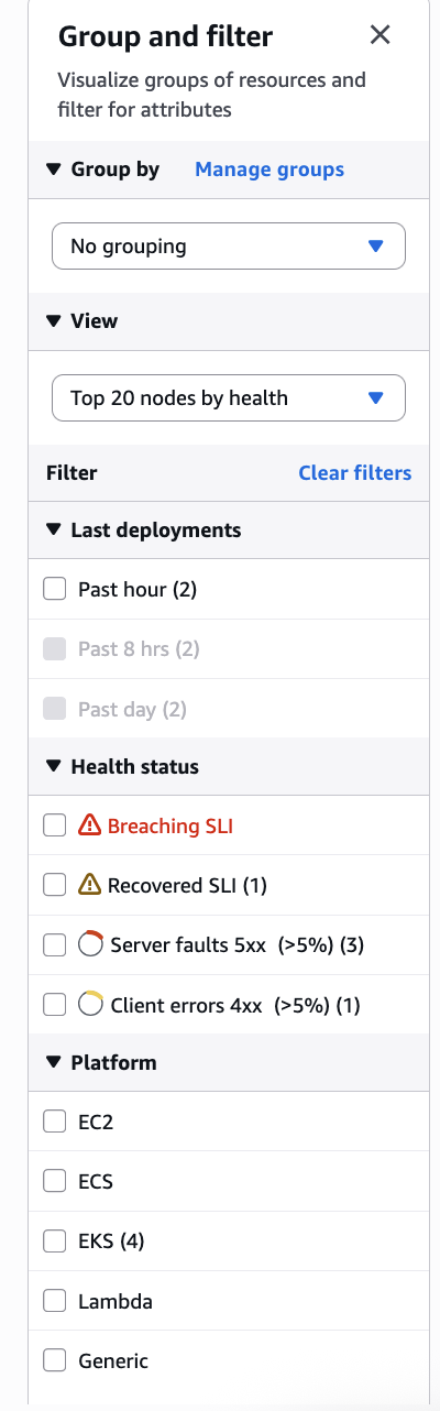 在应用程序控制面板上对服务进行分组和筛选