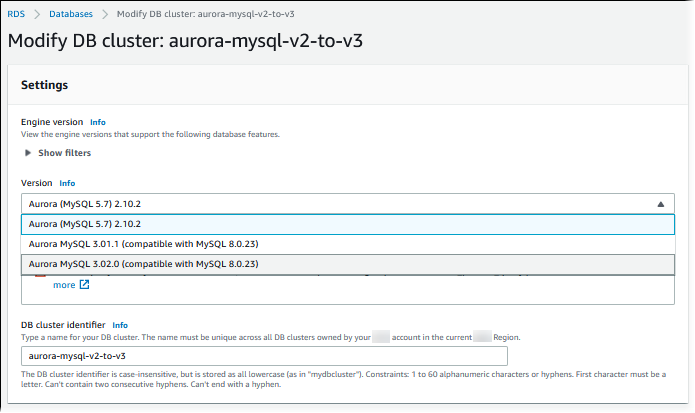 
                                Aurora MySQL 数据库集群从版本 2 就地升级到版本 3
                            