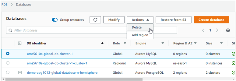 
                  即使没有任何关联的 Aurora 数据库集群，基于 Aurora MySQL 5.6.10a 的 Aurora Global Database 仍将保留在Amazon Web Services Management Console中，直到您将其删除为止。
                