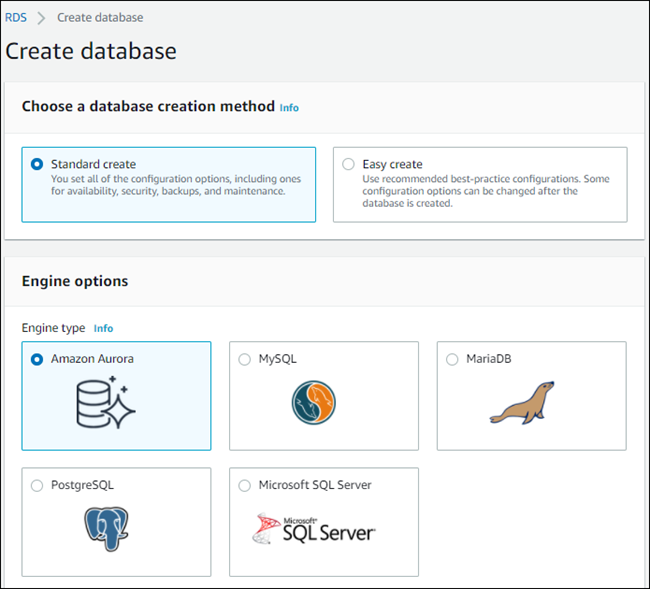 
                      Create database (创建数据库) 页面上某些引擎选项的屏幕截图。
                    