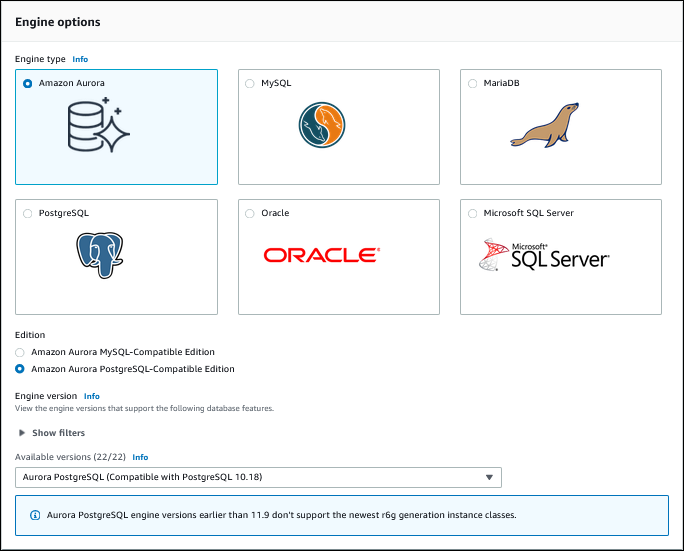 使用控制台创建 Aurora PostgreSQL Serverless 数据库集群