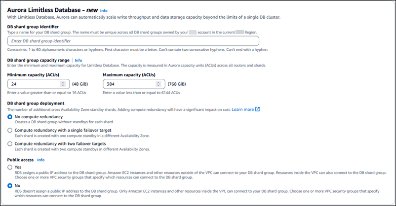 Aurora PostgreSQL Limitless Database 控制台设置。