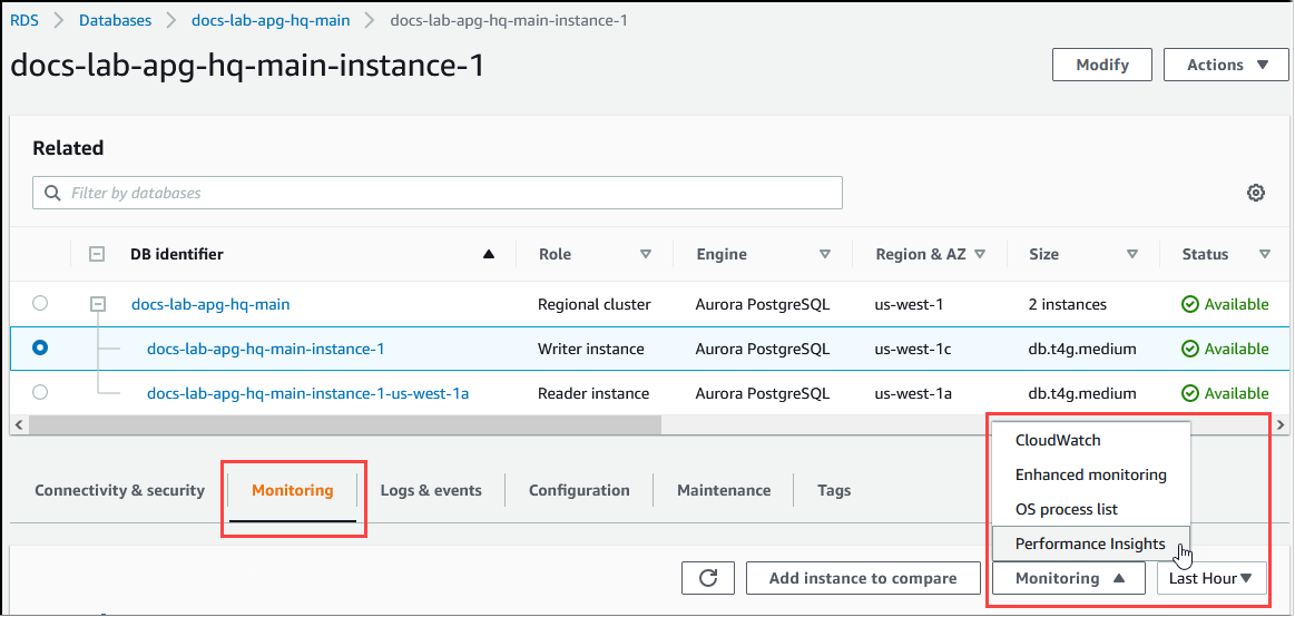 
        从 RDS 控制台和选定的 Aurora PostgreSQL 数据库集群中访问性能详情的图像。
      