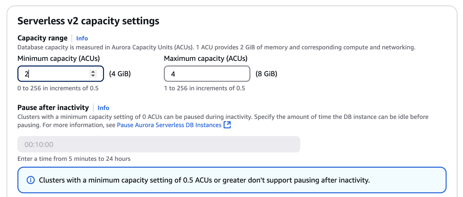Aurora Serverless v2 的实例配置设置。