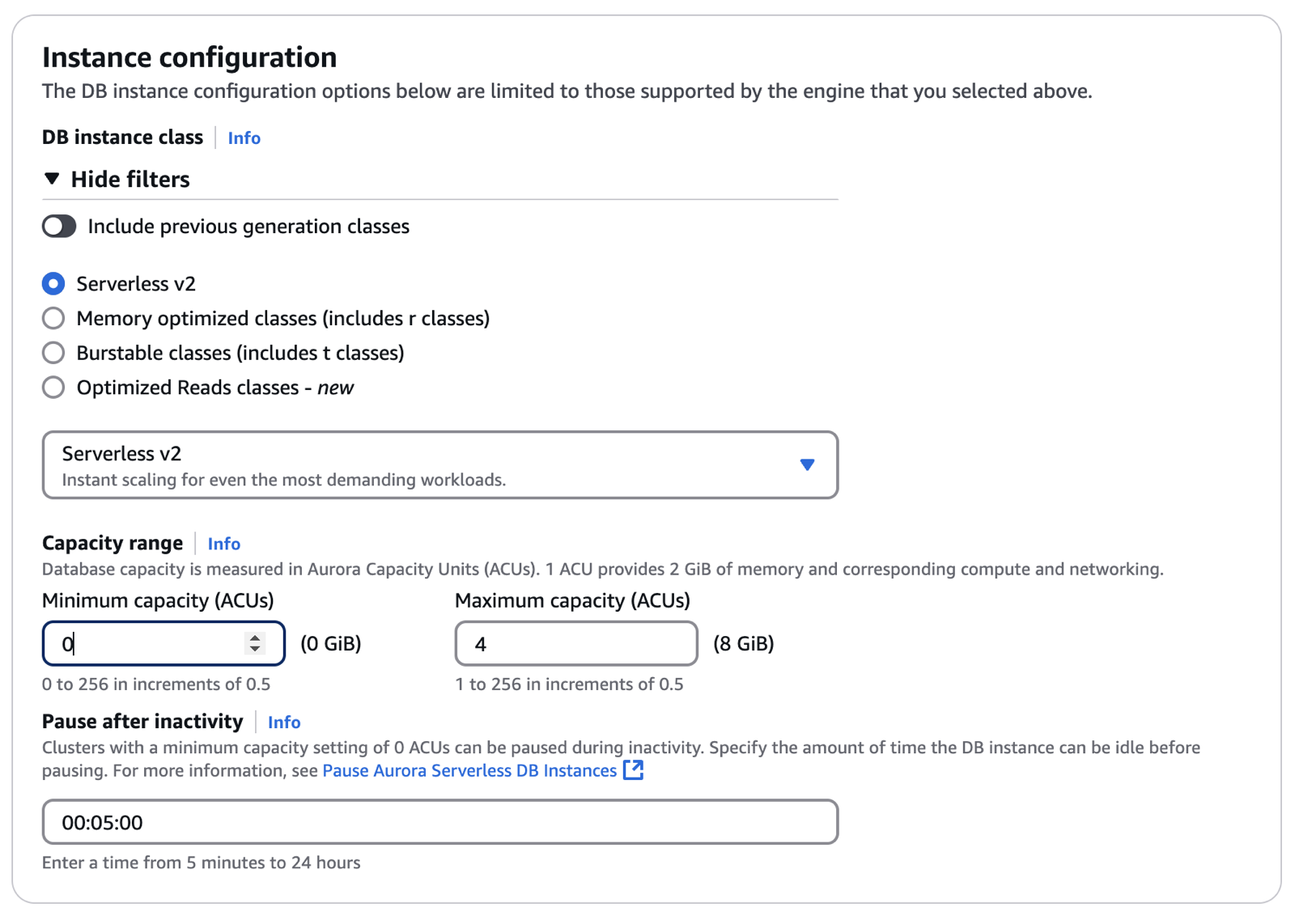 下限为 0 ACU 时的容量设置 Aurora Serverless v2。