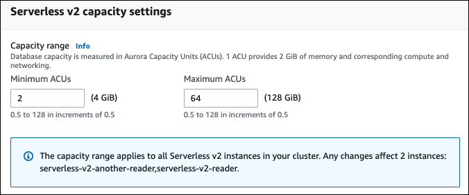 
      Aurora Serverless v2 容量设置的用户界面
    