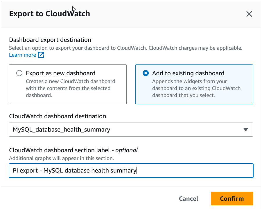 选中“添加到现有控制面板”选项的“导出到 CloudWatch”窗口