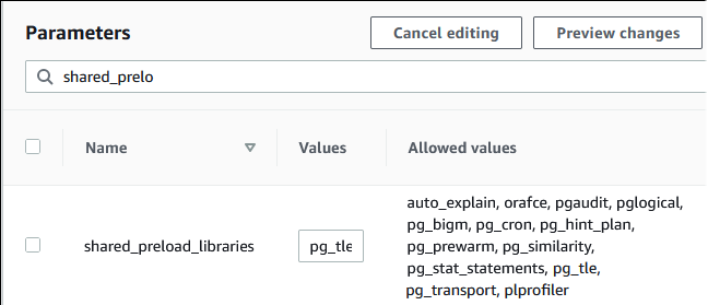 
                                添加了 pg_tle 的 shared_preload_libraries 参数的图像。
                            