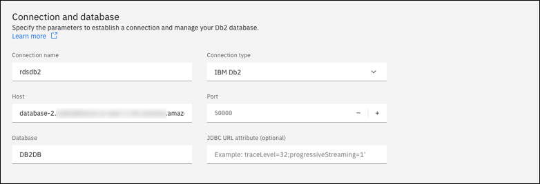 IBM Db2 Data Management Console 中新连接的“连接和数据库”部分，包含主机、端口和数据库字段。