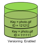 
                图中描述了一个启用了版本控制的存储桶，该存储桶有两个具有相同键但版本 ID 不同的对象。
            