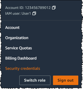 
                  Amazon 管理控制台的“My Security Credentials（我的安全凭证）”链接
               