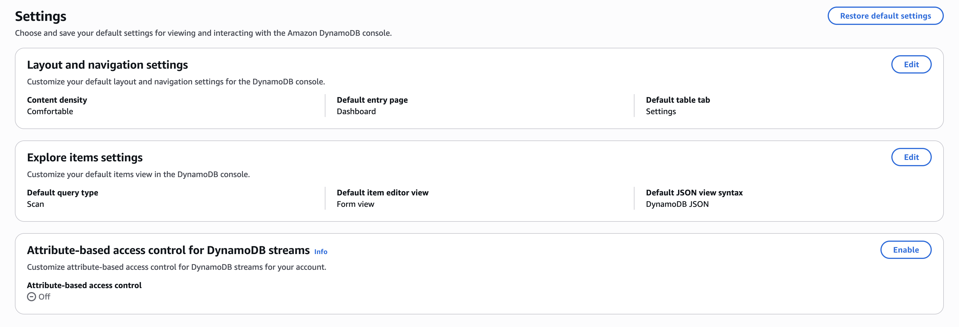 DynamoDB 控制台设置页面，显示适用于 Streams 的基于属性的访问权限控制卡片，状态为关闭，表示该账户未启用 Streams ABAC。