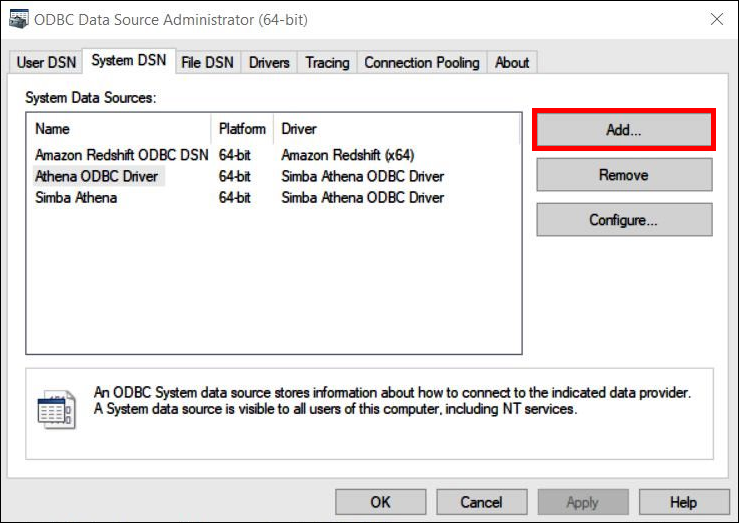 选择 Add（添加）以添加 ODBC 数据来源。