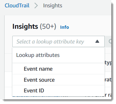 
                CloudTrail Insights 事件列表筛选器。
            