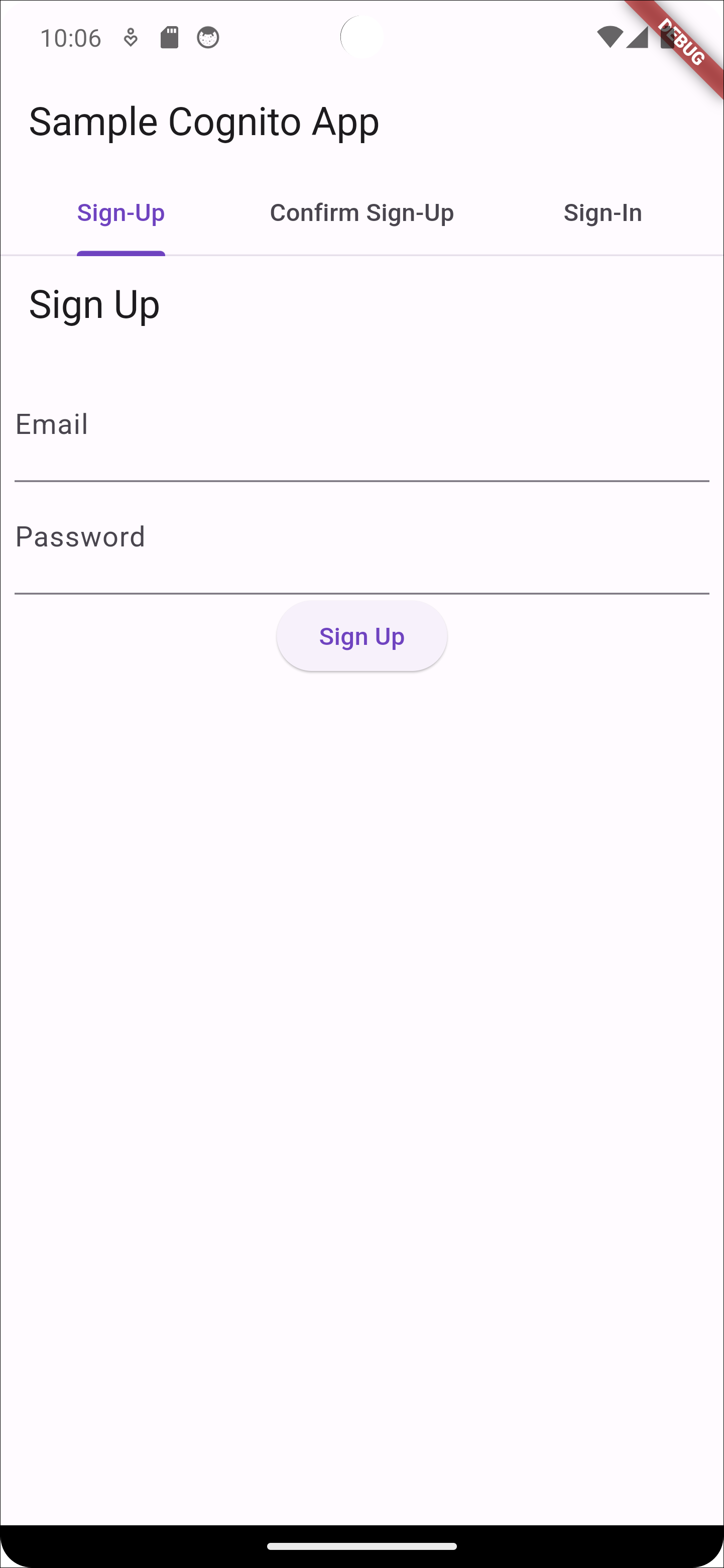 A screenshot of the sign-up page for a virtualized Android example app.