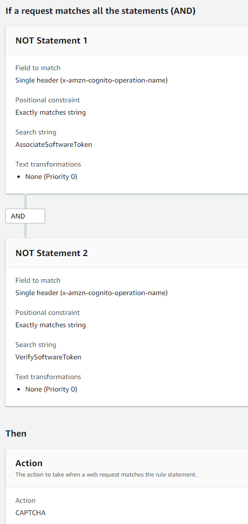 
            一个 Amazon WAF 规则的屏幕截图，该规则将 CAPTCHA 操作应用于所有没有 AssociateSoftwareToken 或 VerifySoftwareToken 的 x-amzn-cognito-operation-name 标头值的请求。
          