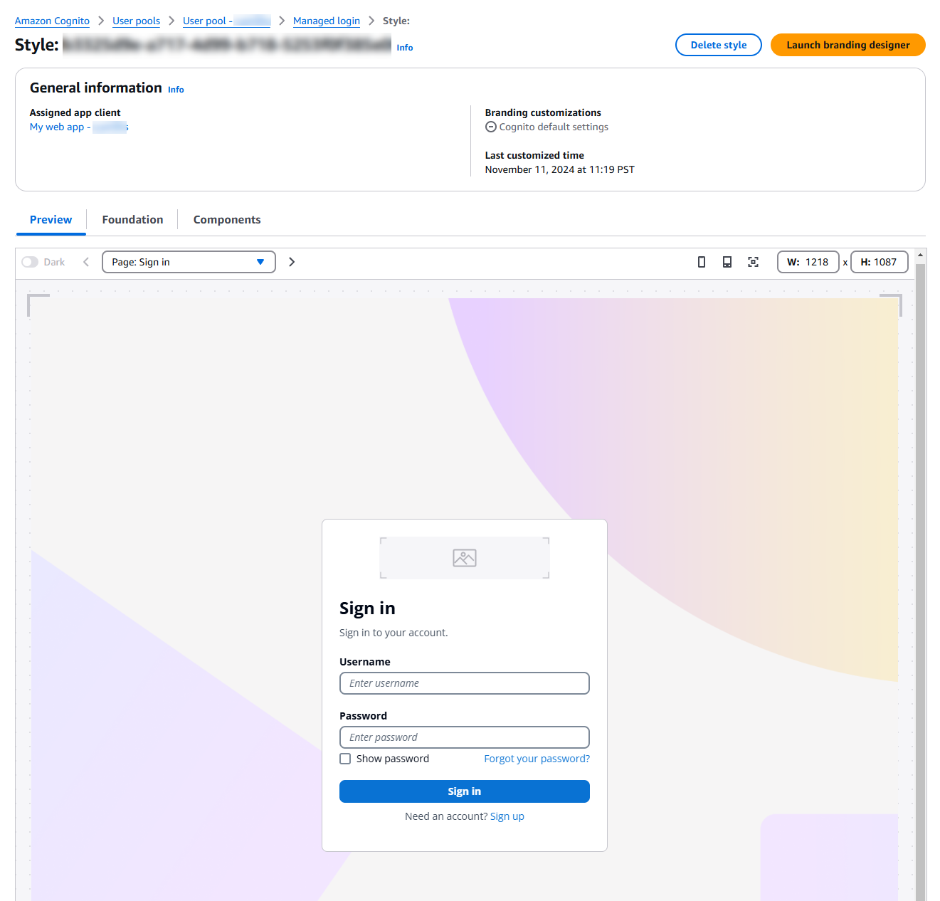 托管登录组件详细配置的 Amazon Web Services Management Console 屏幕截图。