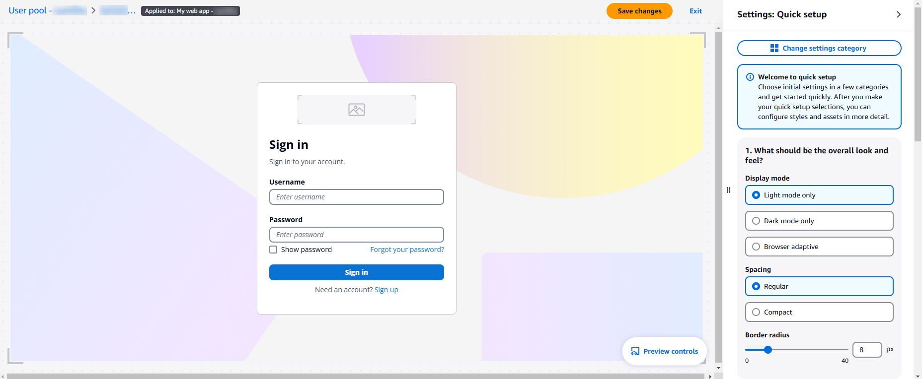 Amazon Cognito 用户池品牌编辑器可视化编辑器预览。
