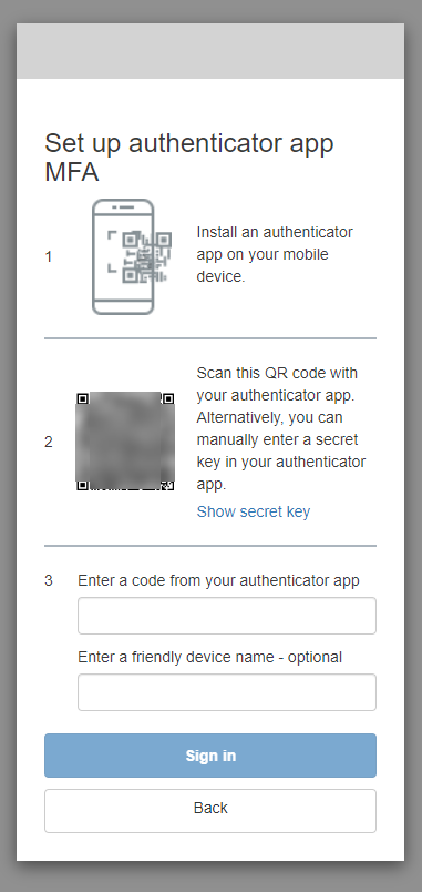 
                                    显示身份验证器应用程序多重身份验证设置的托管 UI 登录页面
                                