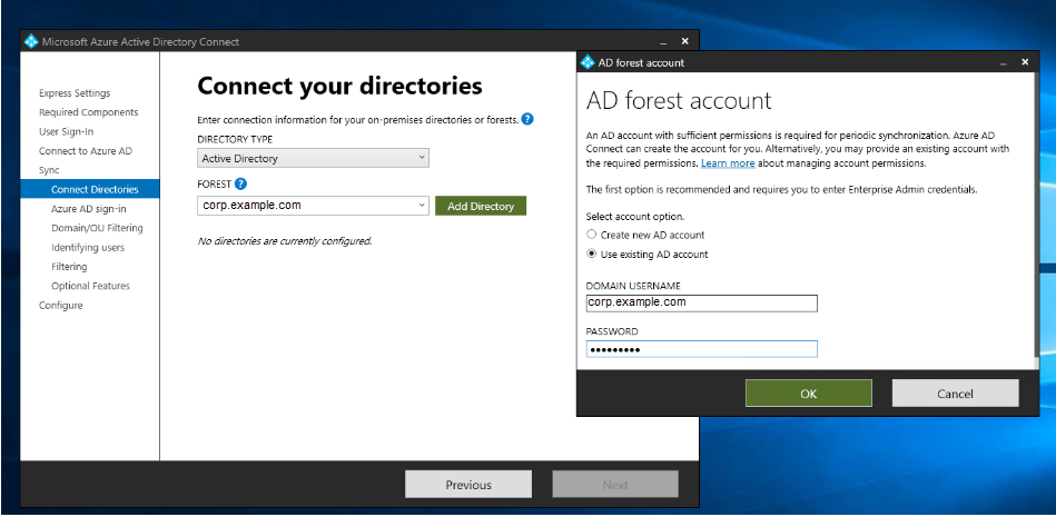 AD 林帐户弹出框，其中选中 “使用现有 AD 帐户”，并提供了域用户名和密码。