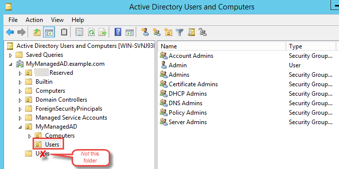 
                                        在 Active Directory 用户和计算机对话框中，突出显示了 “用户” 文件夹。
                                    
