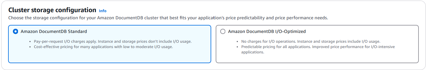 突出显示了 Amazon DocumentDB 标准选项的存储类型选择，并描述了两种存储类型。