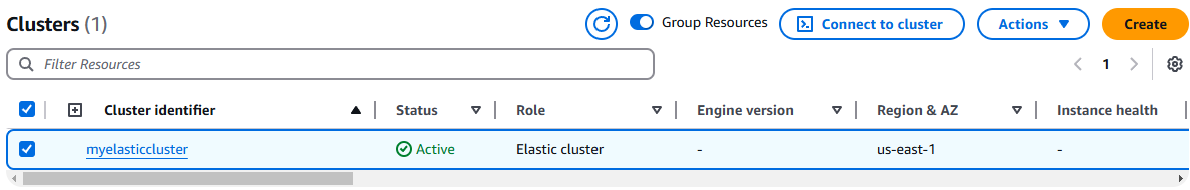 显示弹性集群的 Amazon DocumentDB 集群管理界面