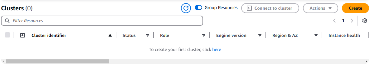 空的 Clusters 仪表板，其中包含用于创建新集群和管理资源的选项。