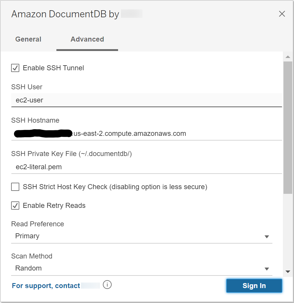 禁用 SSH 严格主机密钥检查选项的 Amazon DocumentDB 连接器界面中的 “高级” 选项卡。