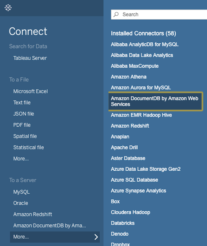 Tableau Desktop 上的 Connect 界面在 “到服务器” 部分下显示了 “更多...” 子菜单。Amazon DocumentDB 选项在 “已安装的连接器” 子菜单中突出显示。
