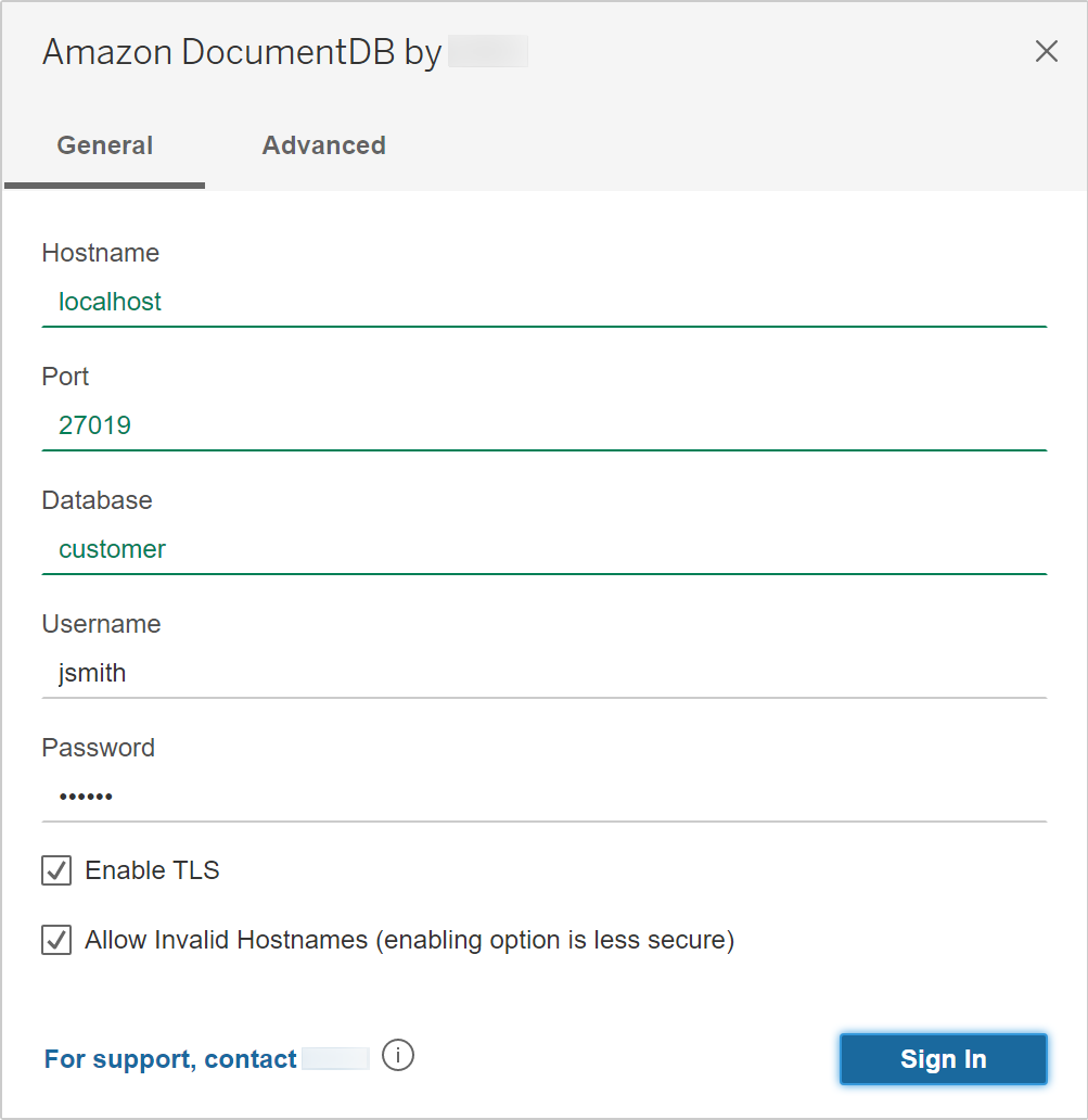 Amazon DocumentDB 连接器界面中的 “常规” 选项卡显示主机名、端口、数据库、用户名和密码字段。