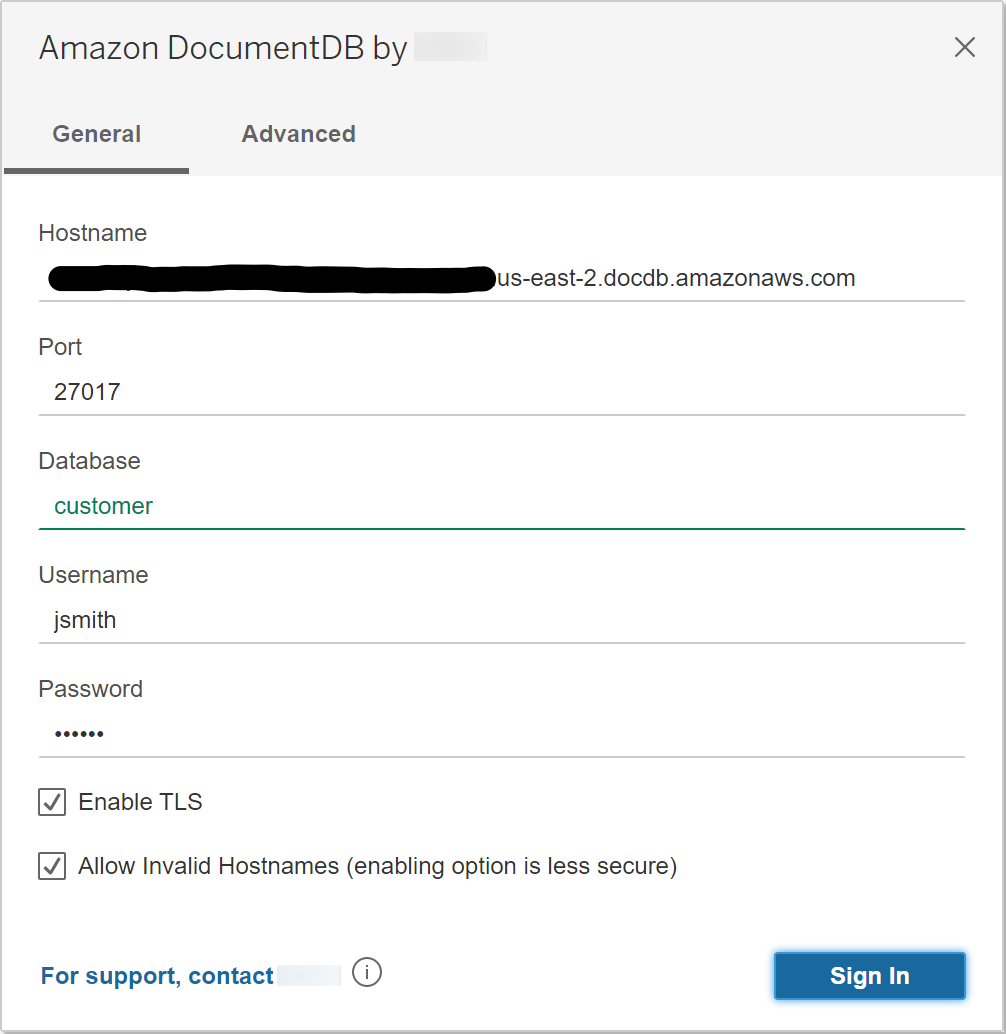 Amazon DocumentDB 连接器界面中的 “常规” 选项卡显示主机名、端口、数据库、用户名和密码字段。