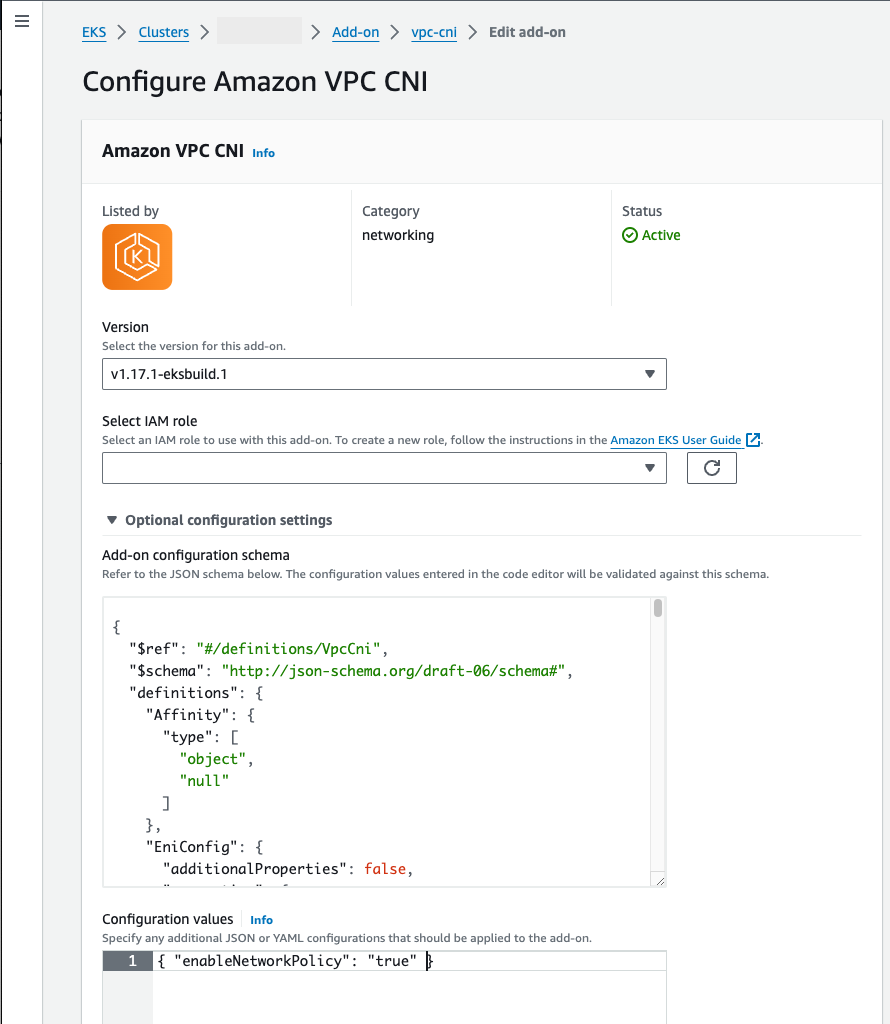 
                              Amazon Web Services Management Console 在可选配置中显示带有网络策略的 VPC CNI 附加组件。
                            