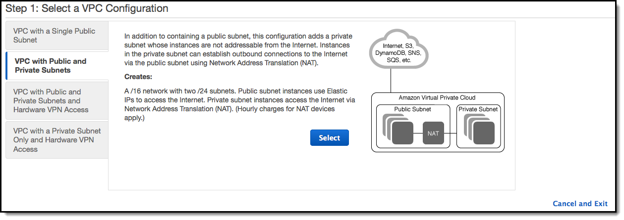
              选择“VPC with Public and Private Subnets (带有公有子网和私有子网的 VPC)”，然后选择“Select (选择)”。
            