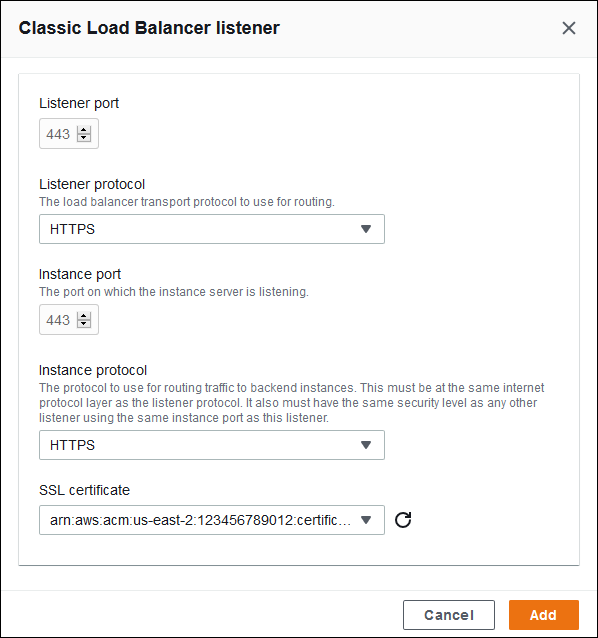 
          Classic Load Balancer 配置 – 添加安全侦听器
        
